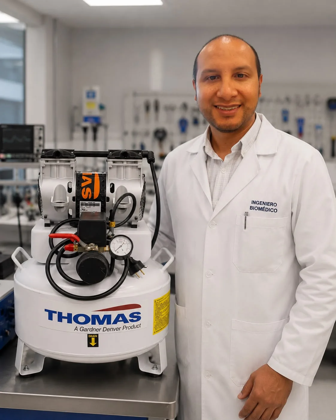 Jhon Becerra · Ingeniero Biomédico junto a un compresor dental Thomas en su laboratorio
